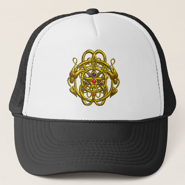 GOLD CELTIC KNOTS WITH TWIN DRAGONS TRUCKER HAT (Front)