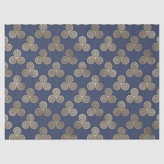 Gold Celtic Triskele Spirals on Navy Blue Tissue Paper (Front)