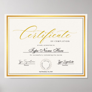 Gold Certificate of completion, award diploma Poster