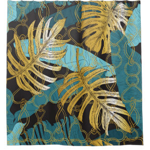 Gold chain curtain, tropical leaves.