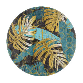 Gold chain curtain, tropical leaves. cutting board