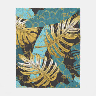 Gold chain curtain, tropical leaves. fleece blanket