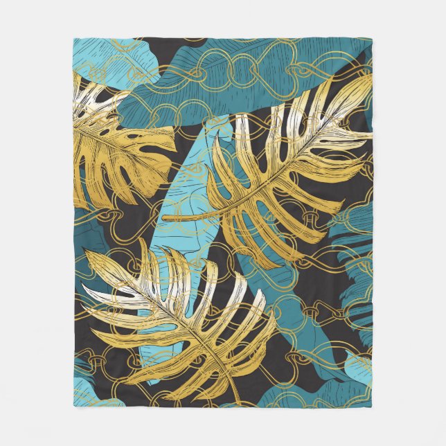 Gold chain curtain, tropical leaves. fleece blanket (Front)