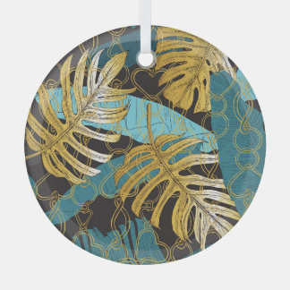 Gold chain curtain, tropical leaves. glass ornament