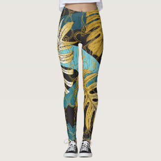 Gold chain curtain, tropical leaves. leggings