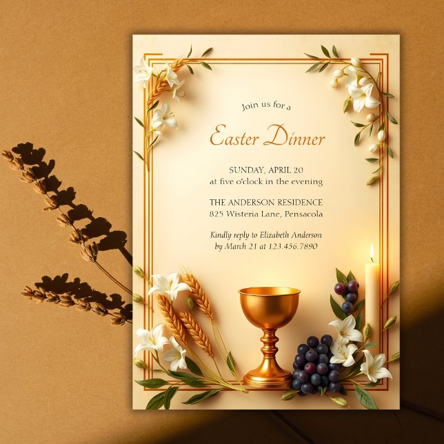 Gold Chalice Traditional Catholic Easter Dinner Invitation (Traditional Christian Easter Dinner Invitation with Elegant Religious Design)