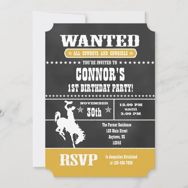 Gold Chalkboard Cowboy Invitation d'anniversaire (Devant)