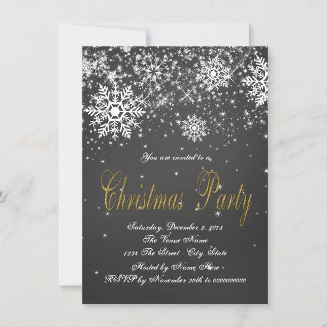 Gold Chalkboard Snowflake Christmas Party Invitation (Front)