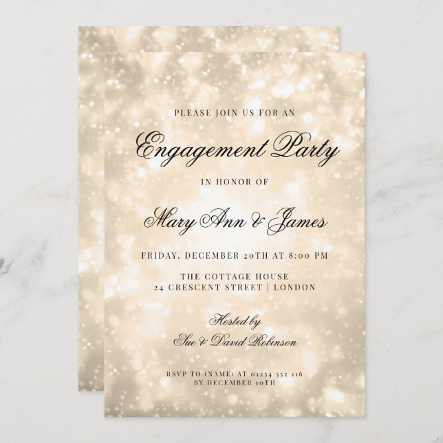 Gold Champagne Bokeh Elegant Engagement Party Invitation (Front/Back)