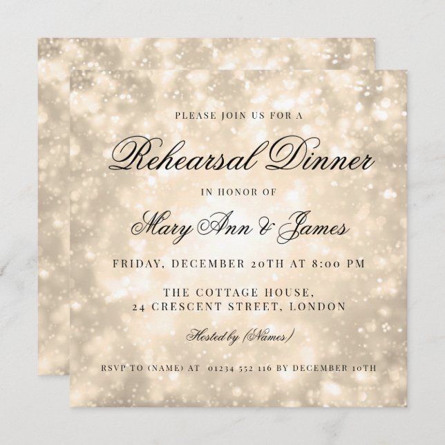 Gold Champagne Bokeh Elegant Rehearsal Dinner Invitation (Front/Back)
