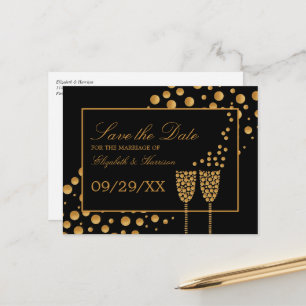 Gold Champagne Bubbles, Black & Gold Save the Date Announcement Postcard