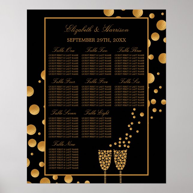Gold Champagne Bubbles, Black & Gold Seating Chart (Front)