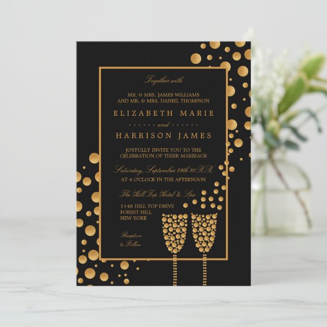 Gold Champagne Bubbles - Black & Gold - Wedding Invitation (Standing Front)