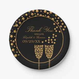 Gold Champagne Bubbles - Black & Gold - Wedding Paper Plate
