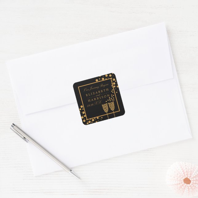 Gold Champagne Bubbles - Black & Gold - Wedding Square Sticker (Envelope)