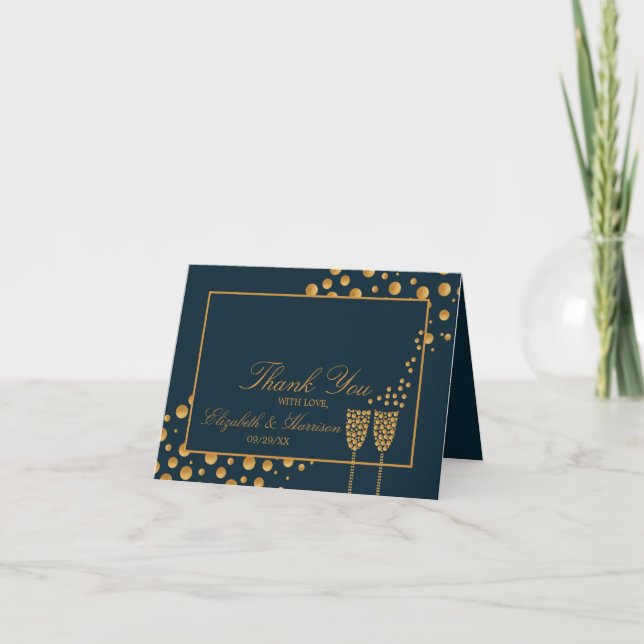 Gold Champagne Bubbles - Blue & Gold -  Thank You Card (Front)