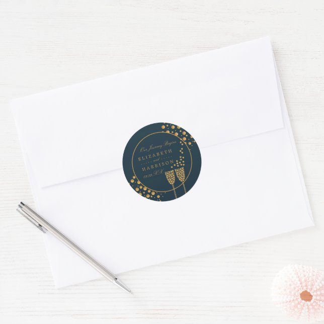 Gold Champagne Bubbles, Blue & Gold Wedding Classic Round Sticker (Envelope)
