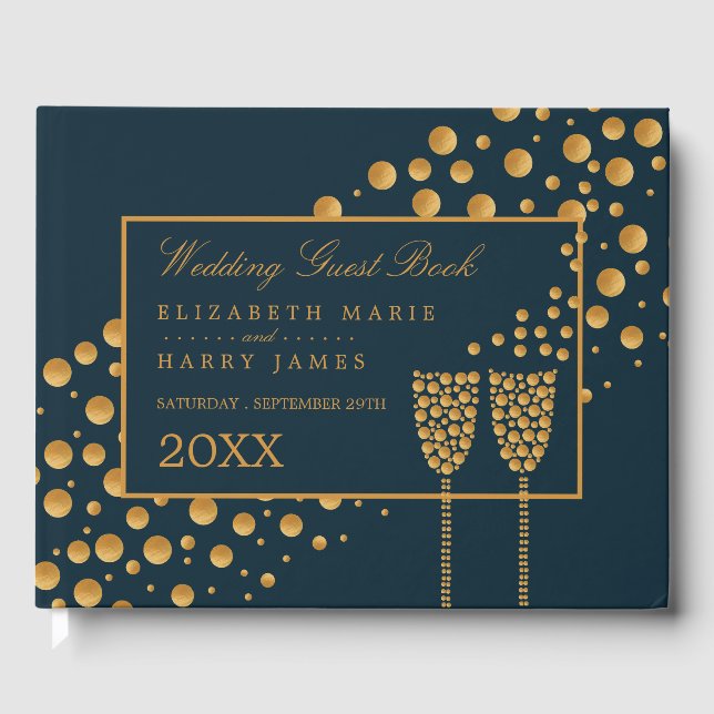 Gold Champagne Bubbles, Blue & Gold Wedding Guest Book (Front)
