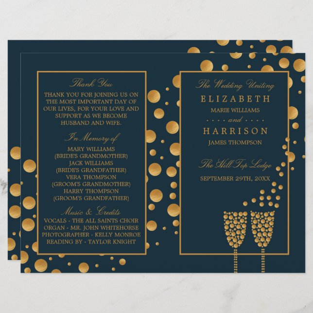 Gold Champagne Bubbles Blue/Gold Wedding Programme (Devant / Derrière)