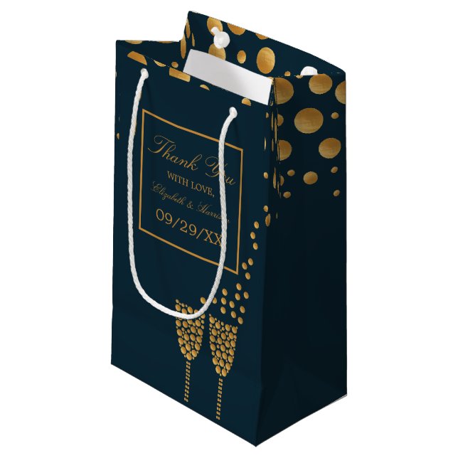 Gold Champagne Bubbles, Blue & Gold Wedding Small Gift Bag (Front Angled)