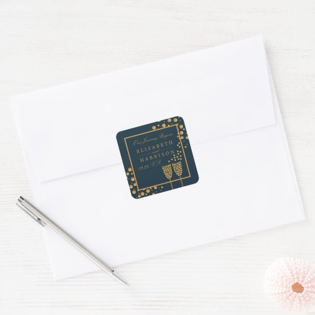 Gold Champagne Bubbles - Blue & Gold - Wedding Square Sticker (Envelope)