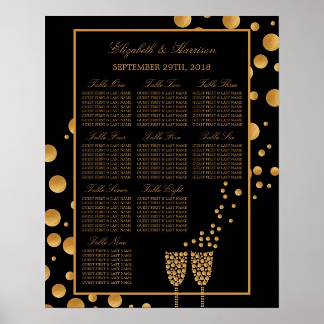 Gold Champagne Bubbles Engagement Seating Chart (Front)