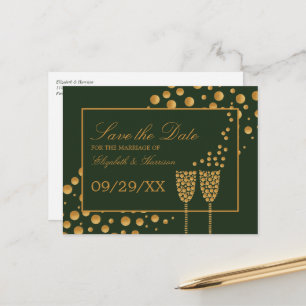 Gold Champagne Bubbles, Green & Gold Save the Date Announcement Postcard