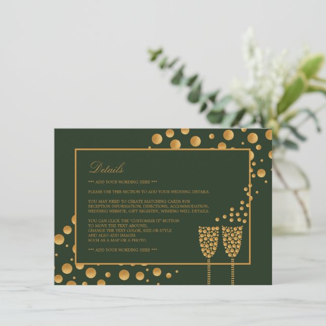 Gold Champagne Bubbles, Green/Gold, Wedding Detail Enclosure Card (Standing Front)