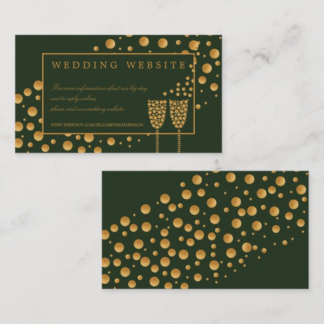 Gold Champagne Bubbles, Green/Gold Wedding Detail Enclosure Card (Front/Back)