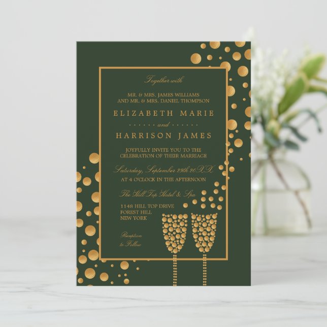 Gold Champagne Bubbles - Green & Gold - Wedding Invitation (Standing Front)