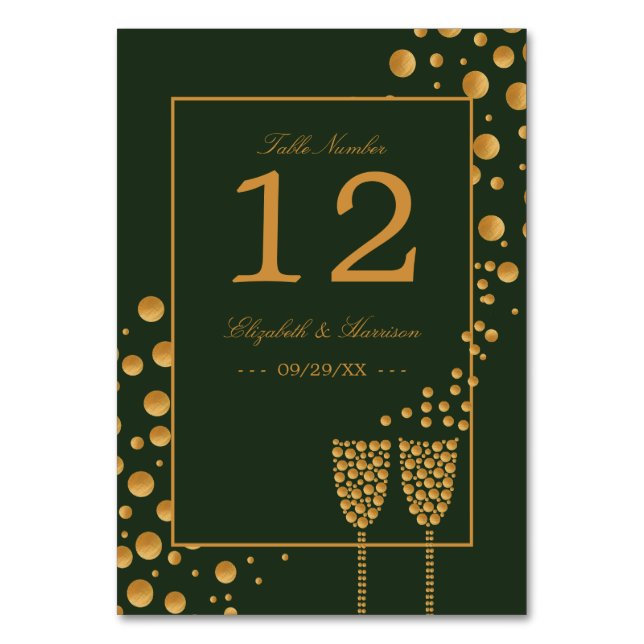 Gold Champagne Bubbles - Green & Gold - Wedding Table Number (Front)