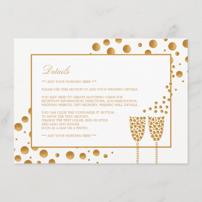 Gold Champagne Bubbles Wedding Detail Enclosure Card (Front)