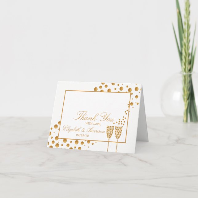 Gold Champagne Bubbles Wedding Thank You Card (Front)
