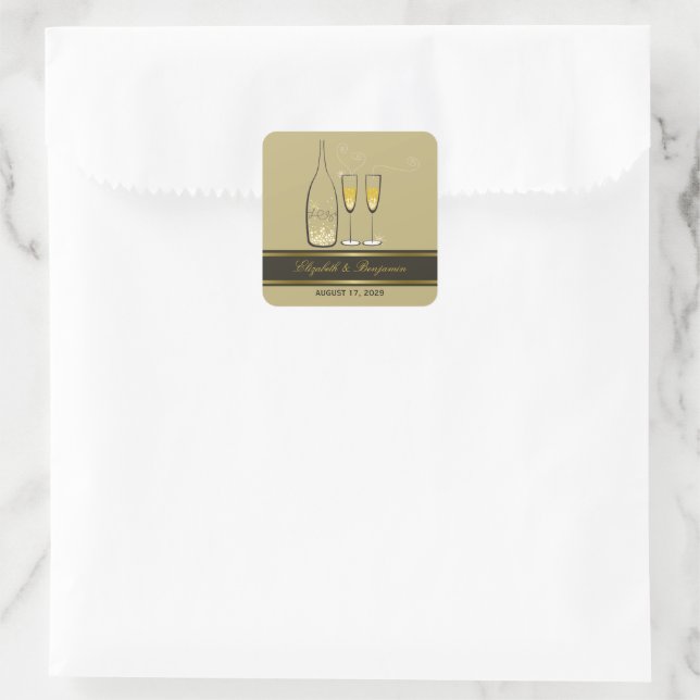 Gold Champagne Bubbly Cheers Chic Wedding Party Square Sticker (Bag)