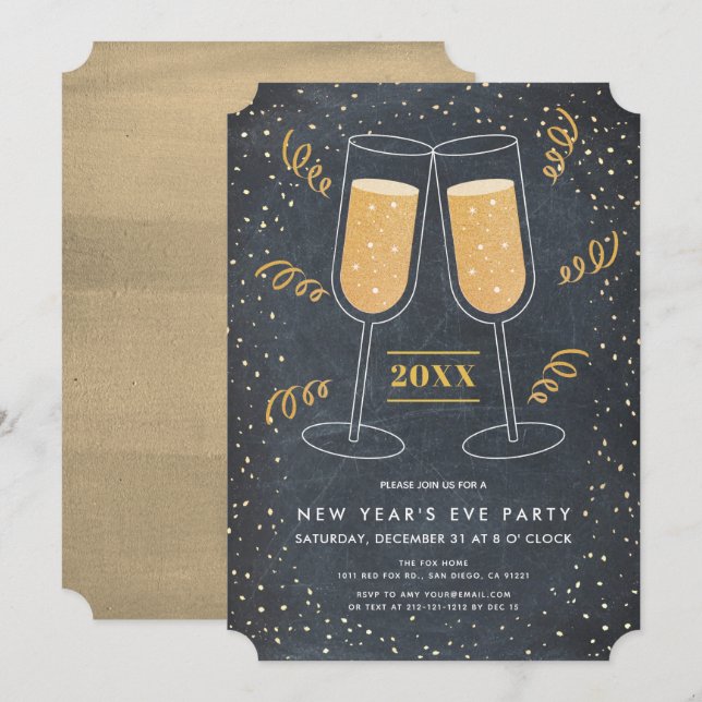 Gold Champagne Chalkboard New Year's Eve Invitation (Front/Back)