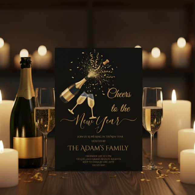  Gold Champagne Cheers New Year Party Invitation (Créateur téléchargé)