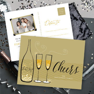 Gold Champagne Cheers Pop Fizz Clink Stylish Chic Holiday Postcard