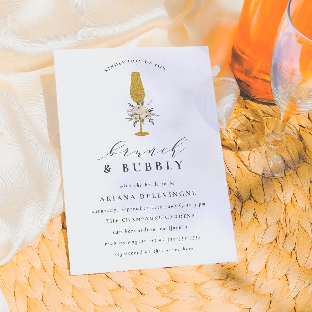 Gold Champagne & Floral Bouquet Brunch & Bubbly Invitation (Creator Uploaded)