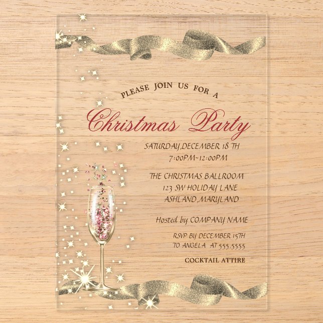  Gold Champagne Glass Corporate Christmas Party Acrylic Invitations (Front)
