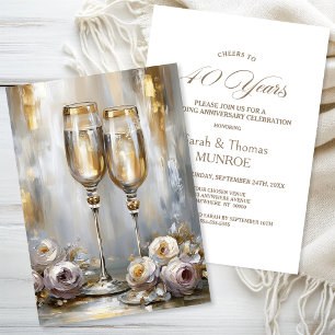 Gold Champagne Glasses 40th Wedding Anniversary Invitation