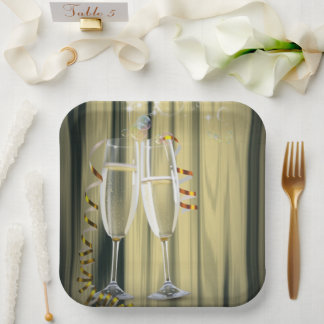 Gold Champagne Glasses Anniversary Birthday Party Paper Plate