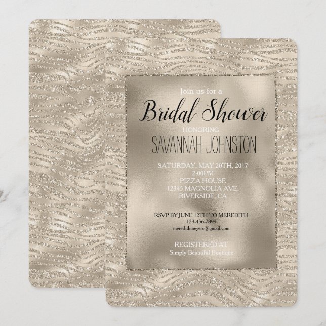 Gold Champagne Glitter Zebra Print Bridal Shower Invitation (Front/Back)