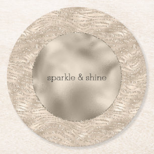 Gold Champagne Glitter Zebra Print glam Round Paper Coaster