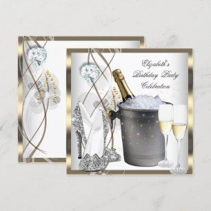 Gold Champagne High Heels Elegant Silver Birthday Invitation