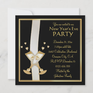 Gold Champagne on Black New Year Party Invitation