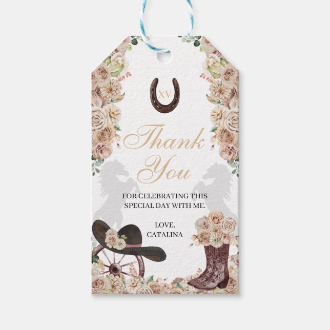 Gold Champagne Western Quinceanera Gift Tags (Front)