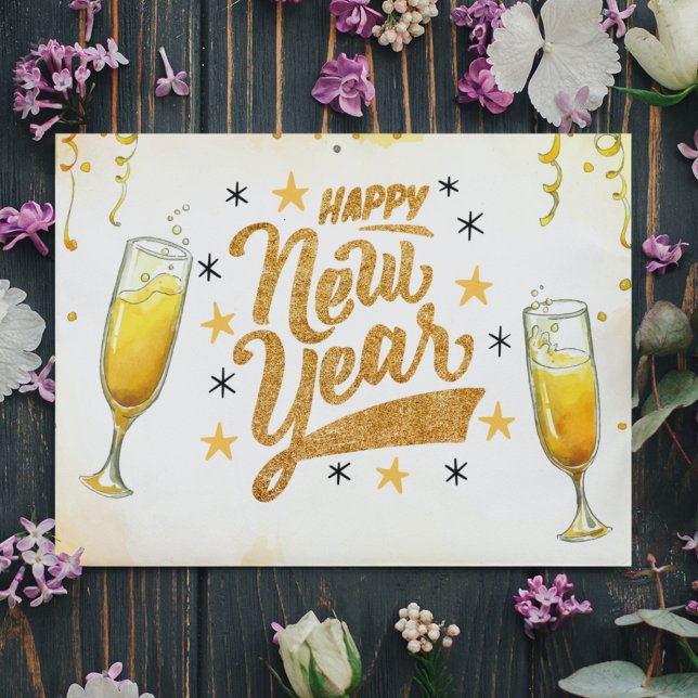 Gold Champaign New Year Handwritten Holiday Invitation (Creator Uploaded)