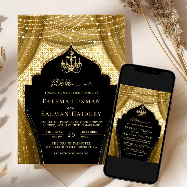 Gold Chandelier Curtain Black Muslim Wedding Invitation (Creator Uploaded)