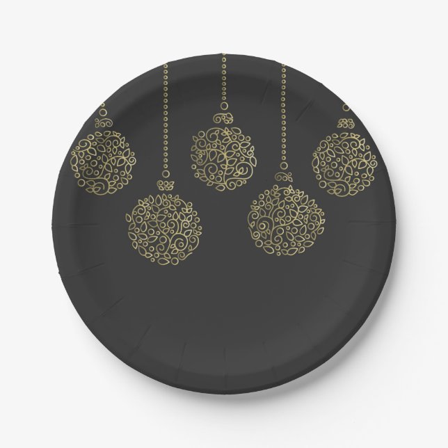 Gold & Charcoal Ornaments Elegant Holiday Party Paper Plate (Front)