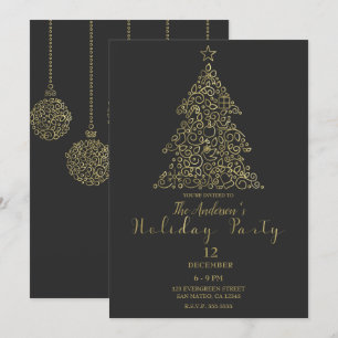 Gold Charcoal Ornaments Elegant Tree Holiday Party Invitation